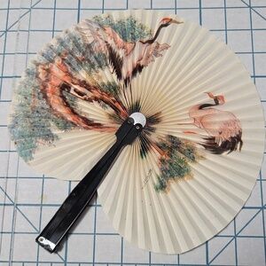 Chinese Paper Folding Hand Fan W/Metal Handle, Vintage Mid-Century, 31